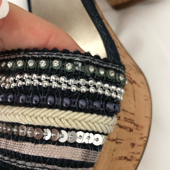 NWOB Nine West denim cork chunky heel platform with sequins and beaded accents. - Picture 14 of 14